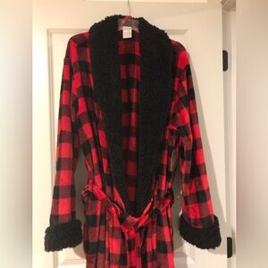 Plaid Fleece Robe with Black Faux Fur Trim